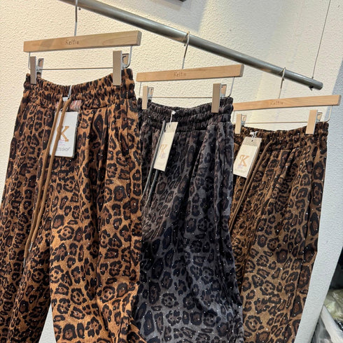 Ladies Leopard Print Wide Crystal Embedded Loose Trousers